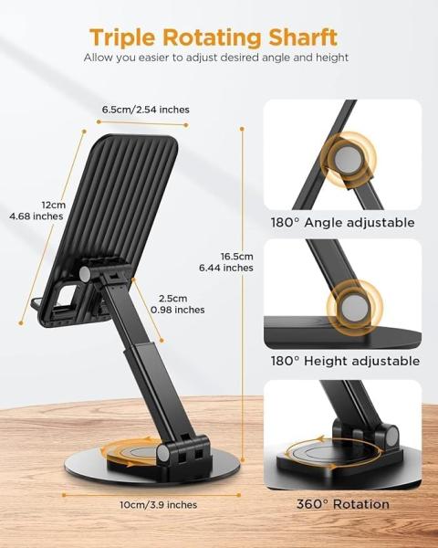 DOLPHY Adjustable & Foldable Phone/Tablet Holder | 360 Degree Metal Mobile Stand for Bed, Office Table, Desk & Home, PC, Smartphone & Tablets