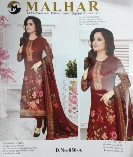 MALHAR 100% Premium cotton lawn digital printed 3 Piece
