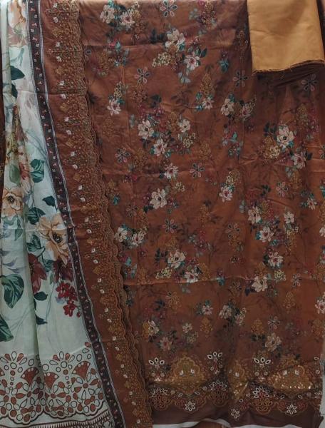 Premium Pakistani Digital Printed Unstitched 3-Piece Suit with Embroidery Work