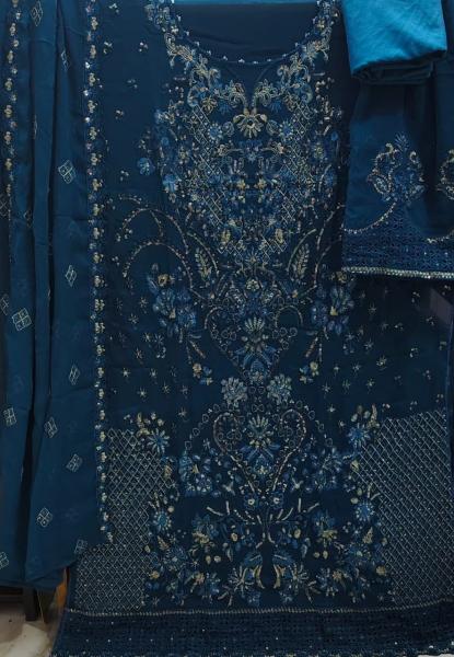 Sarah Vol-2: Premium Deep Cyan Handwork Cotton Suit with Chiffon Georgette Dupatta