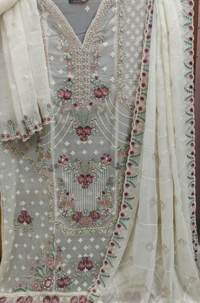 Premium Pakistani Off-White Handwork Cotton Suit with Chiffon Georgette Dupatta