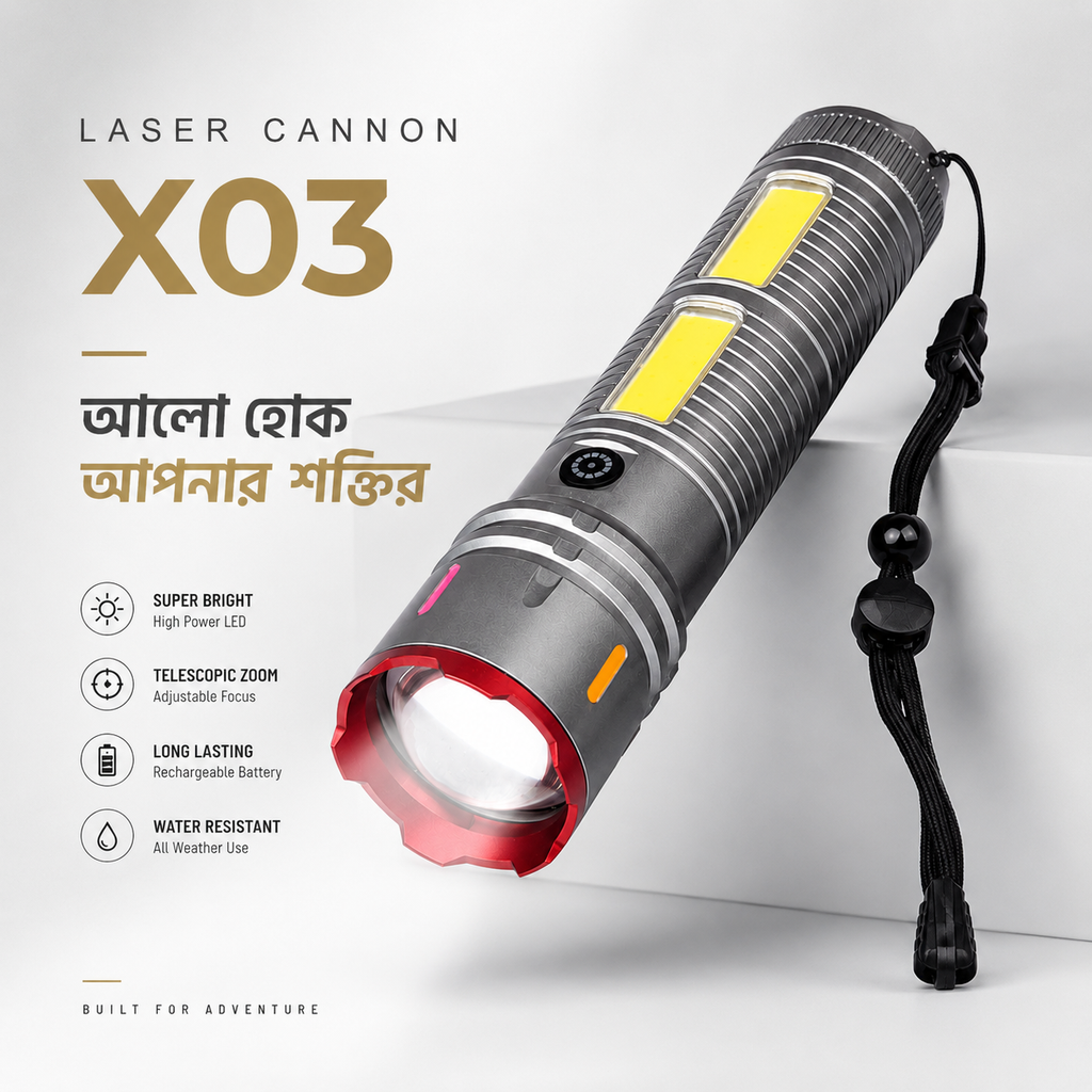 Premium Laser Cannon X03 Metal Tactical Flashlight -Long Lasting LED Torch with Built-in Power Bank