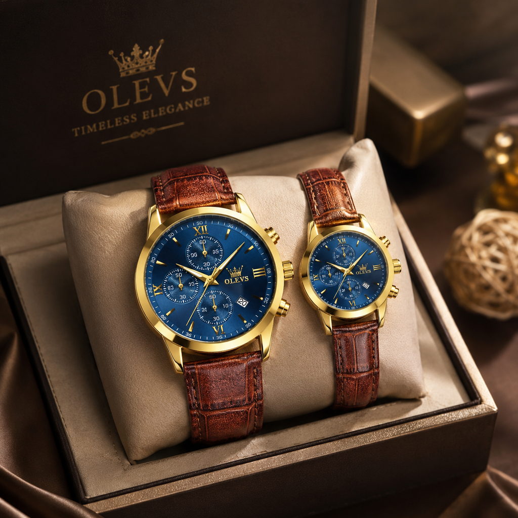 OLEVS Premium Luxury Leather Strap Couple Watch