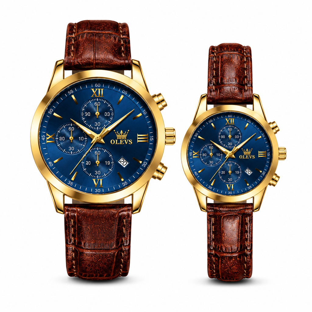 OLEVS Premium Luxury Leather Strap Couple Watch